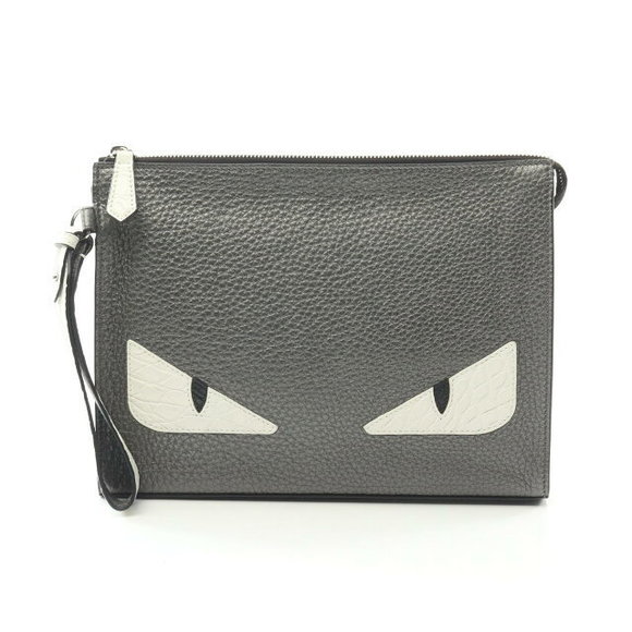 Fendi Flat Clutch Bugs White Leather Gray Eye Bag - Picture 1 of 6